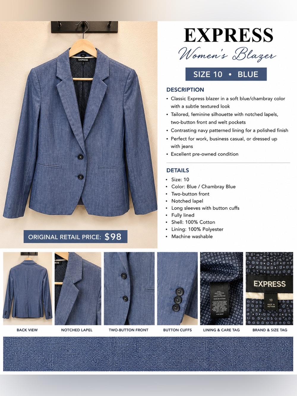 Express Women’s Blue Chambray Blazer Size 10 Two Button Tailored Jacket